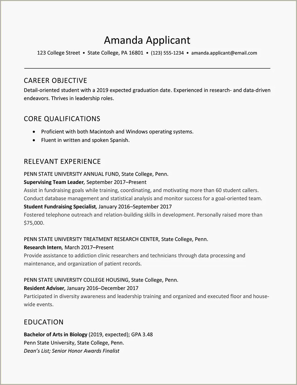 Examples Of College Resumes For Highschool Students