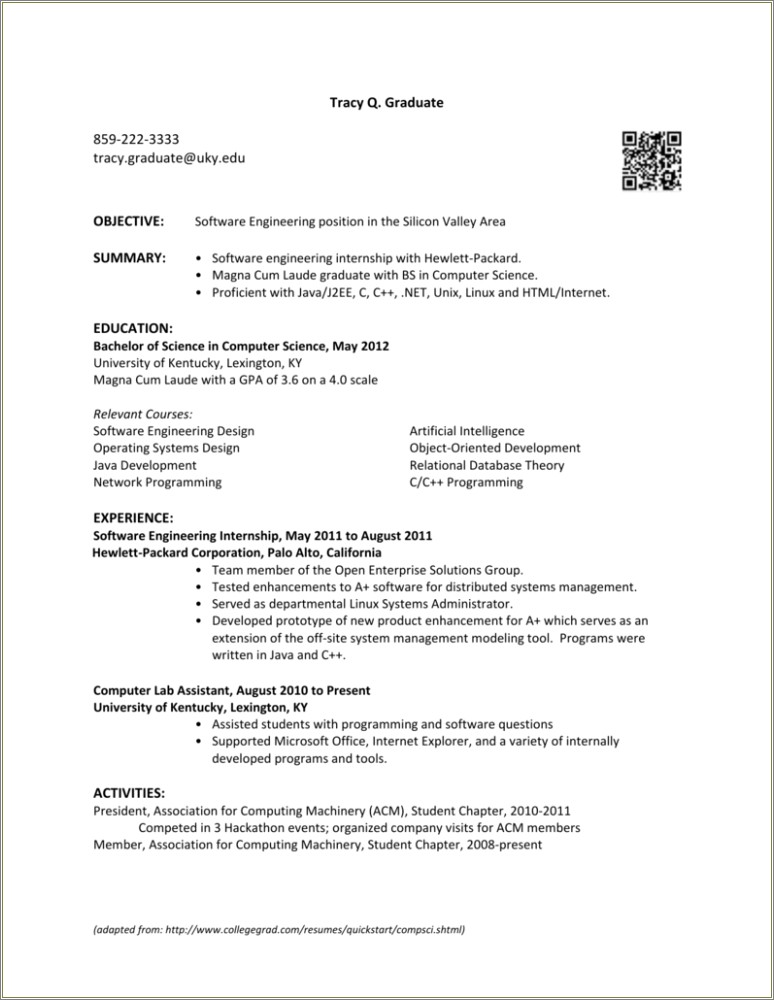 Examples Of Computer Science Graduate Resumes