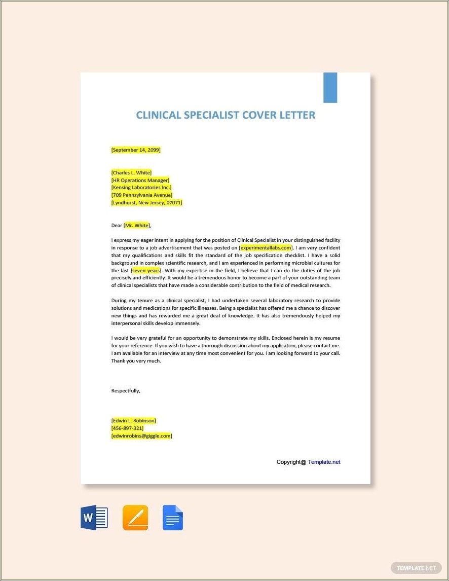 Examples Of Cover Letters For Resumes Clinical Specailist
