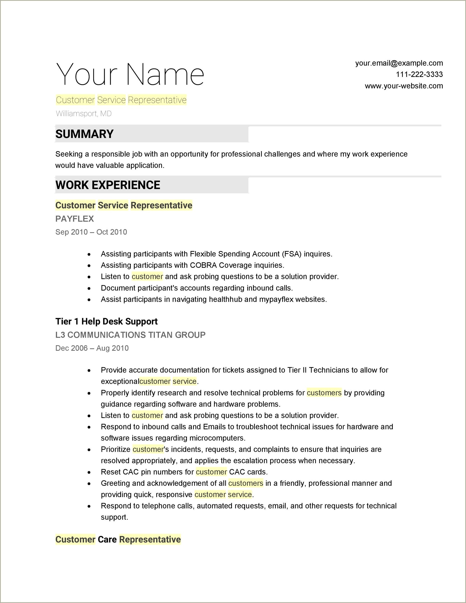 Examples Of Customer Service Resume Summary