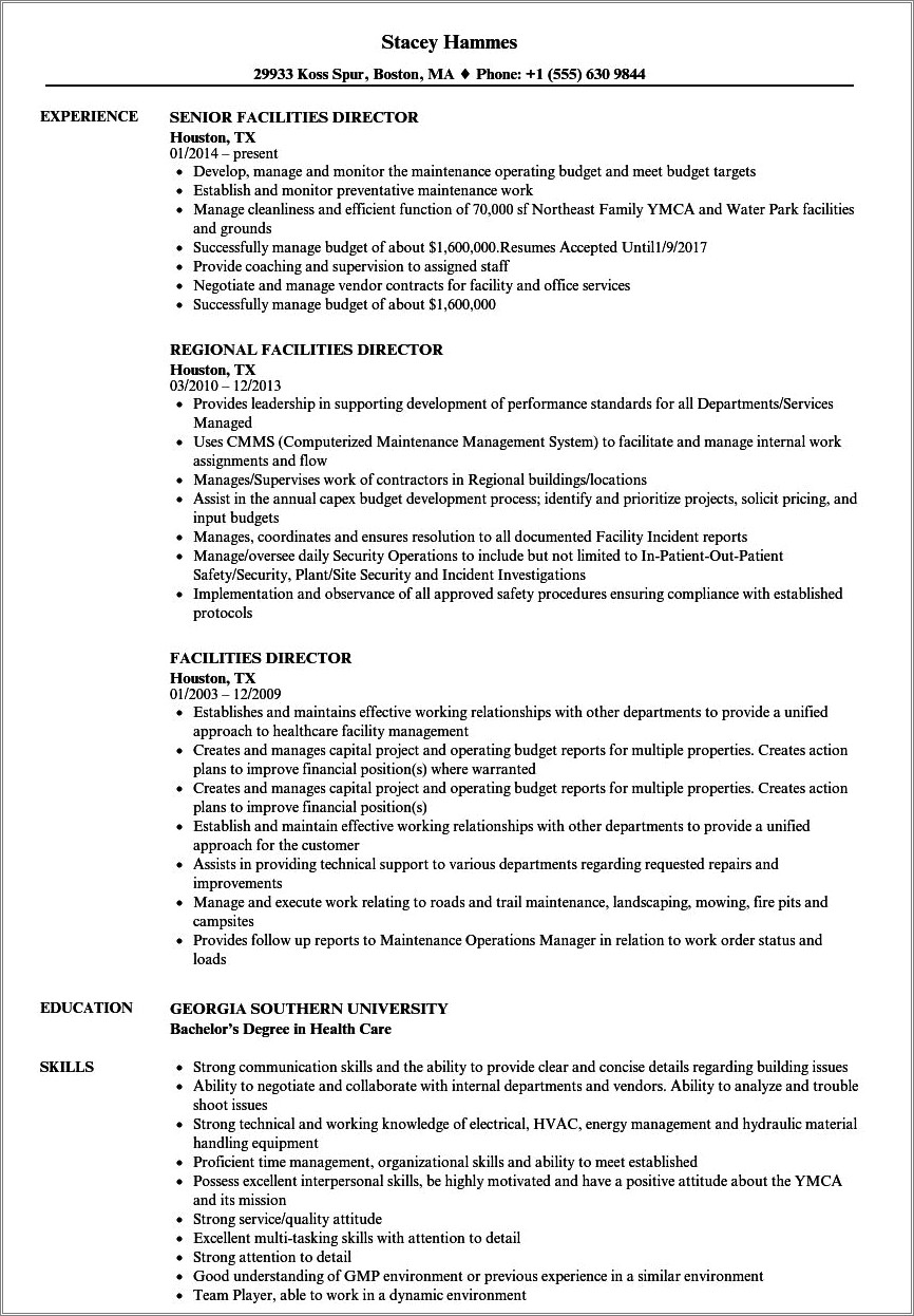 Examples Of Director Of Facilities Management Resume