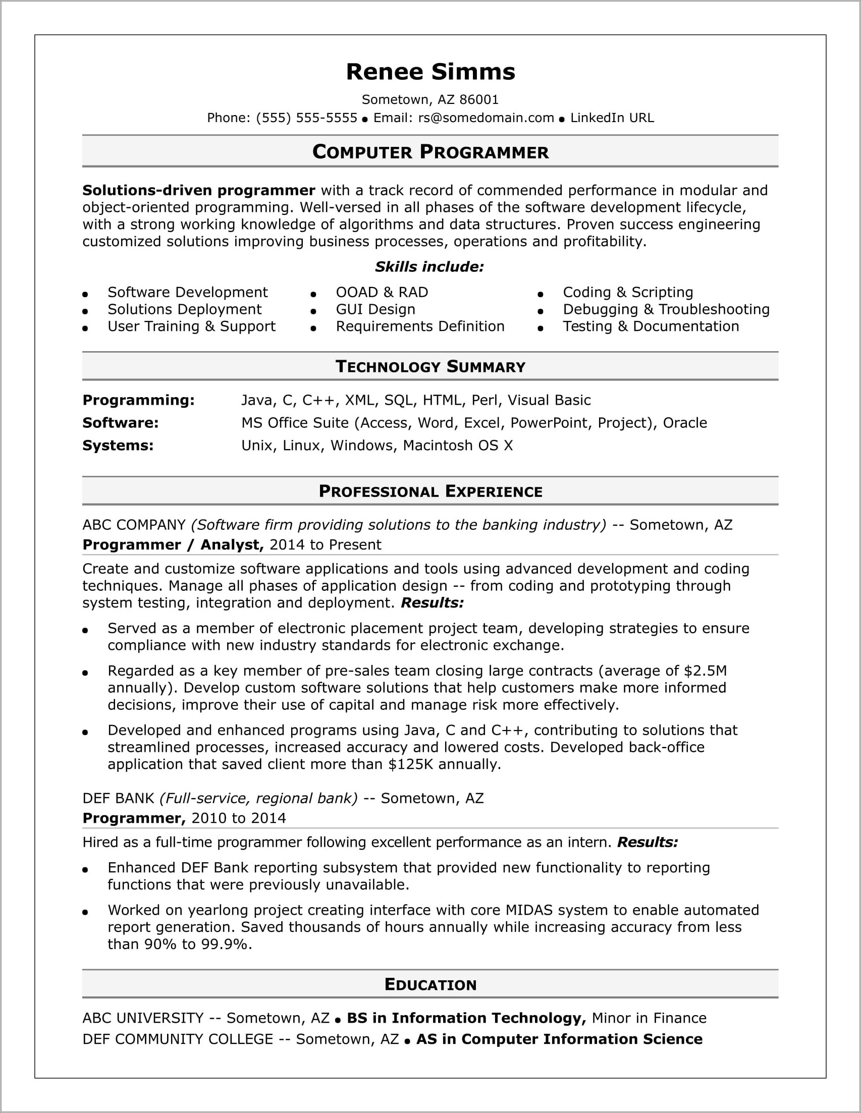 Examples Of Entry Level Computer Science Resumes