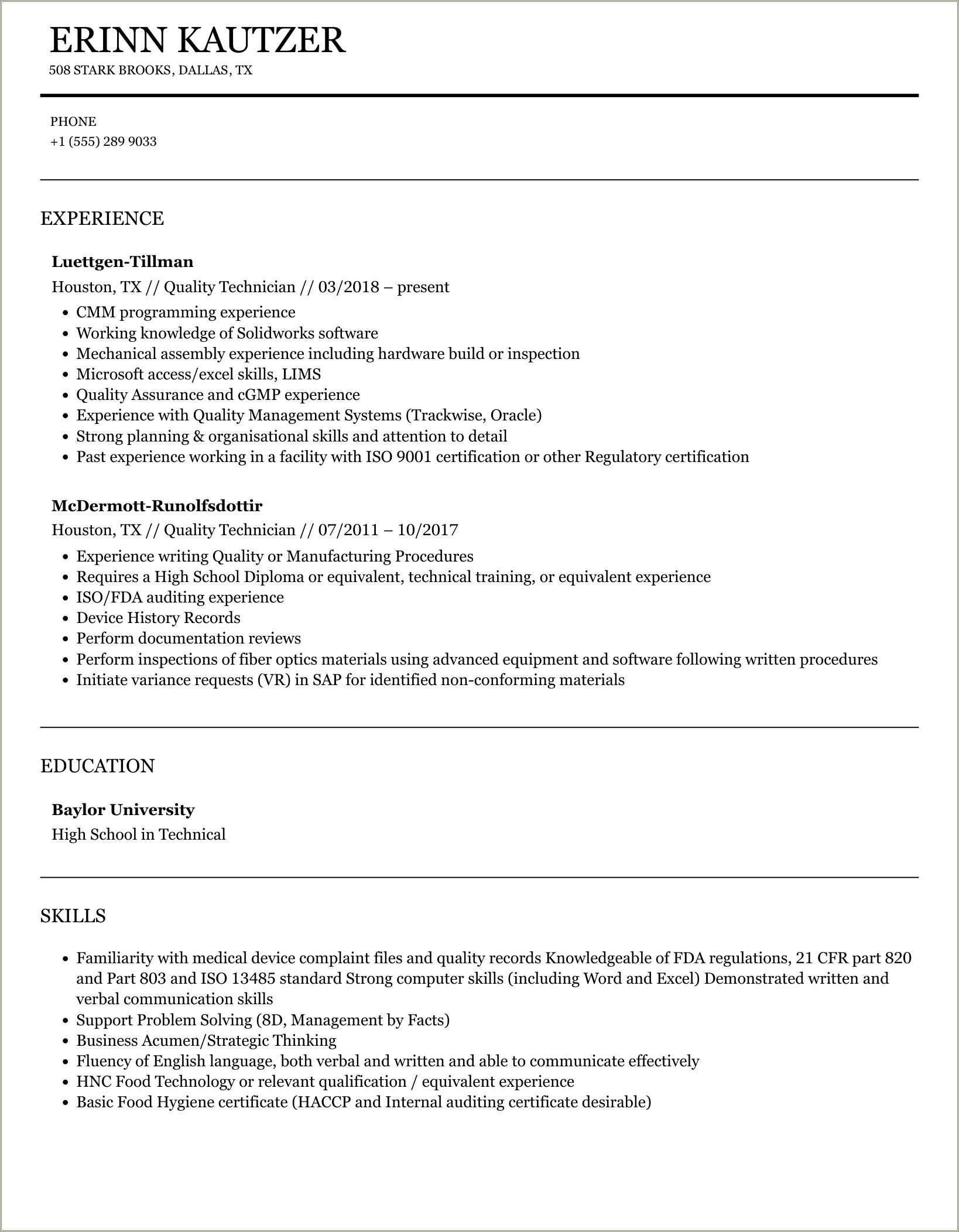Examples Of Excellent Resumes 2018 For Quality Techinician
