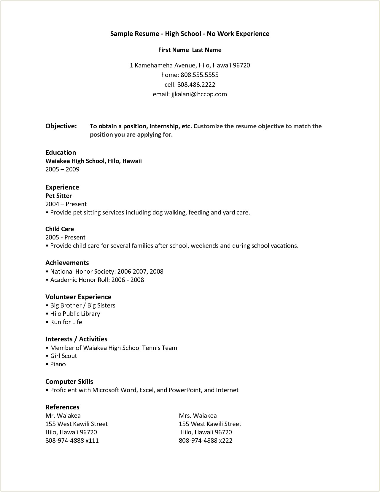 Examples Of First Time Resume No Experience