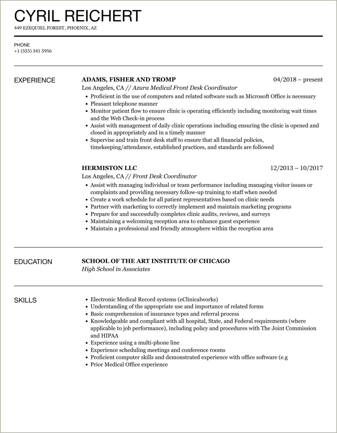 Examples Of Front Office Corridinator Resumes For Pedimont