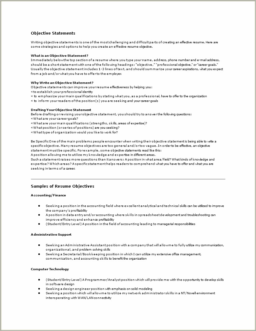 Examples Of General Career Objectives For Resumes