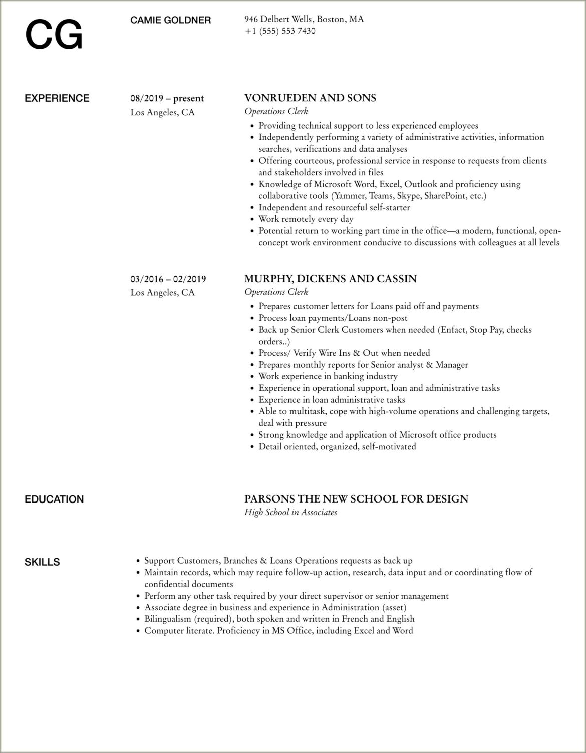 Examples Of General Operation Clerk Resume