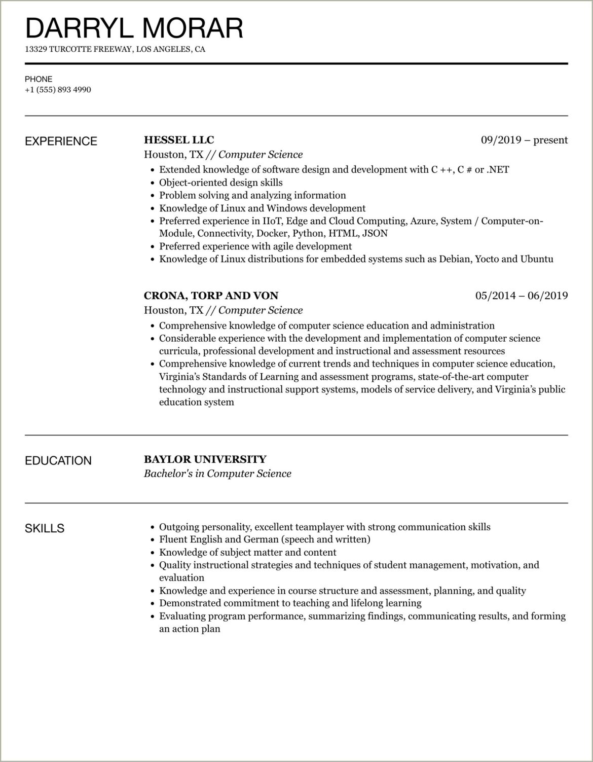 Examples Of Good Entry Level Computer Science Resumes