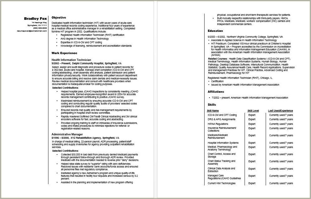 Examples Of Health Information Technology Resumes