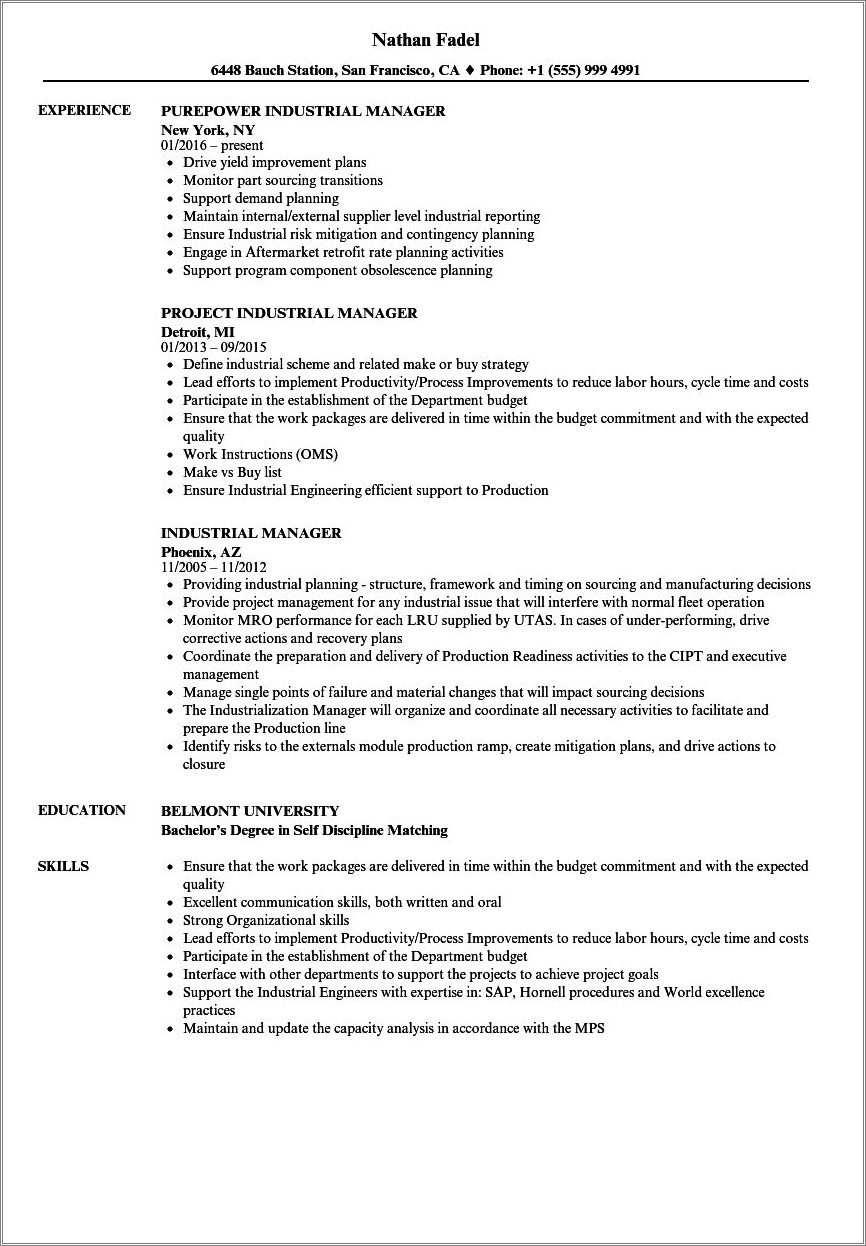 Examples Of Industrial Manager Summaries On Resume