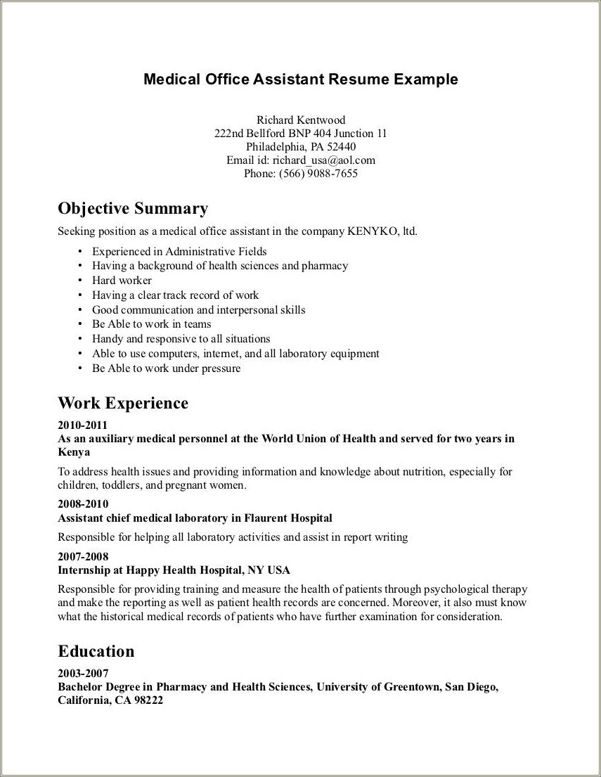 Examples Of Medical Objective In Resume