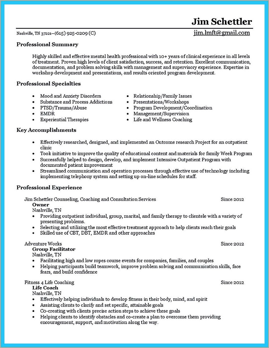 Examples Of Mental Health Counselor Resume