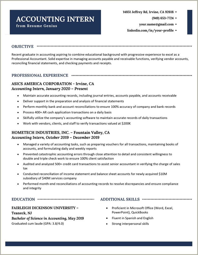 Examples Of Objective For Resume For Internship