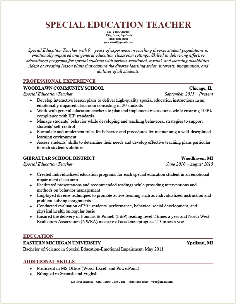 Examples Of Objectives For A Teaching Resume