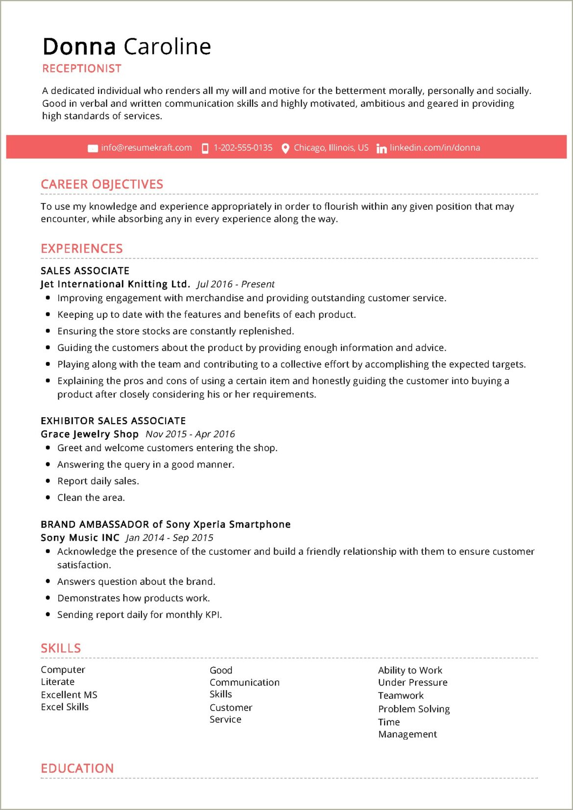 Examples Of Objectives For Receptionist Resume