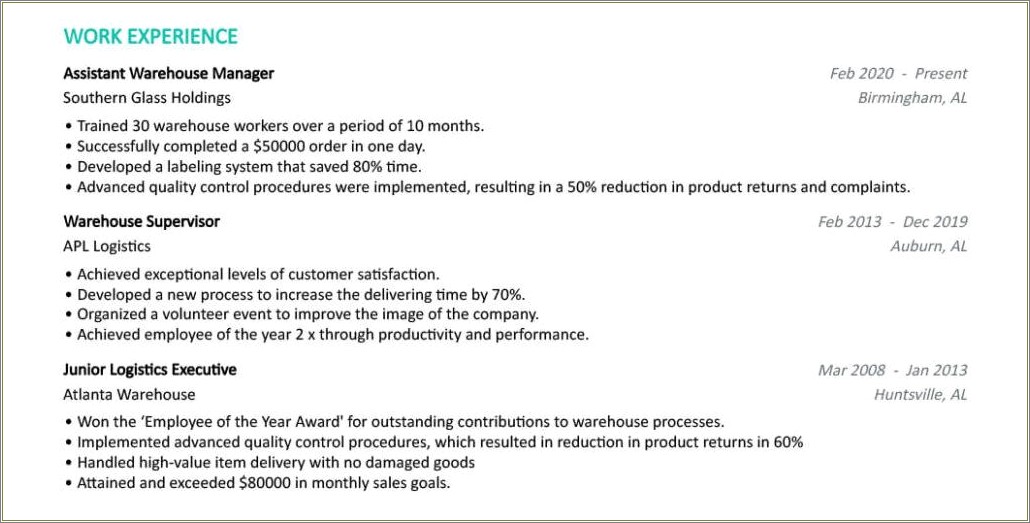 Examples Of Objectives For Resumes Warehouse Manager