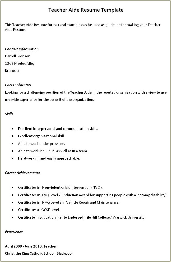 Examples Of Objectives For Teacher Aide Resume