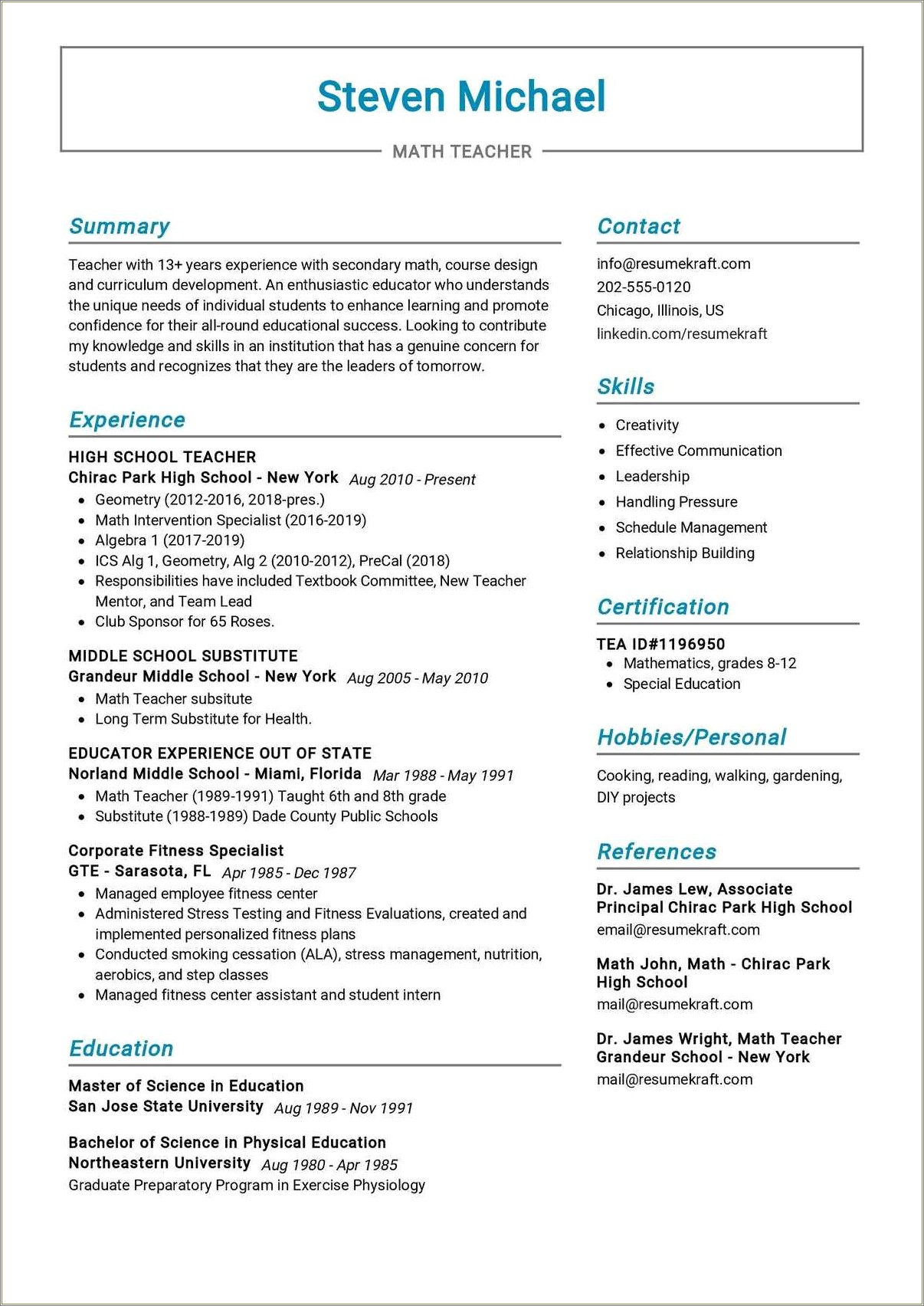 Examples Of Physical Education Teacher Resumes