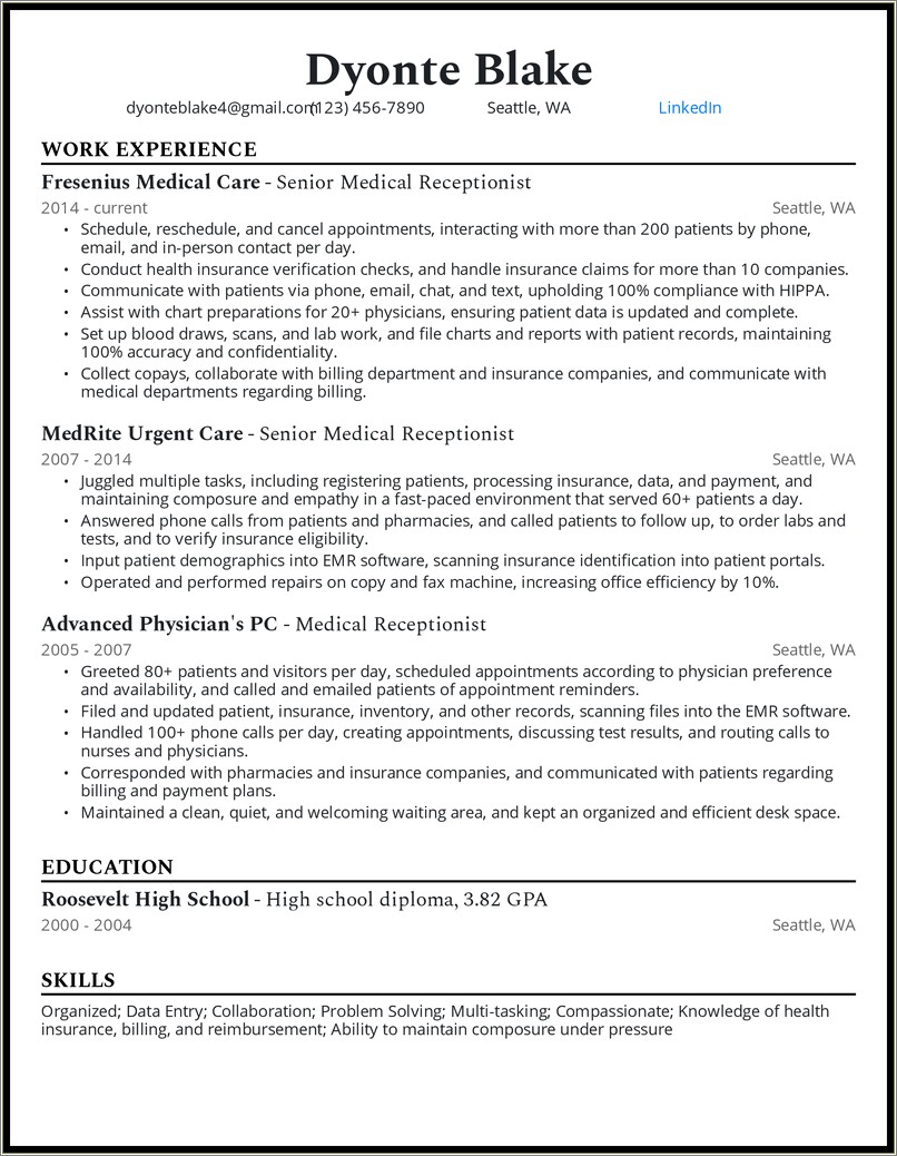 Examples Of Plastic Surgery Receptionist Resume