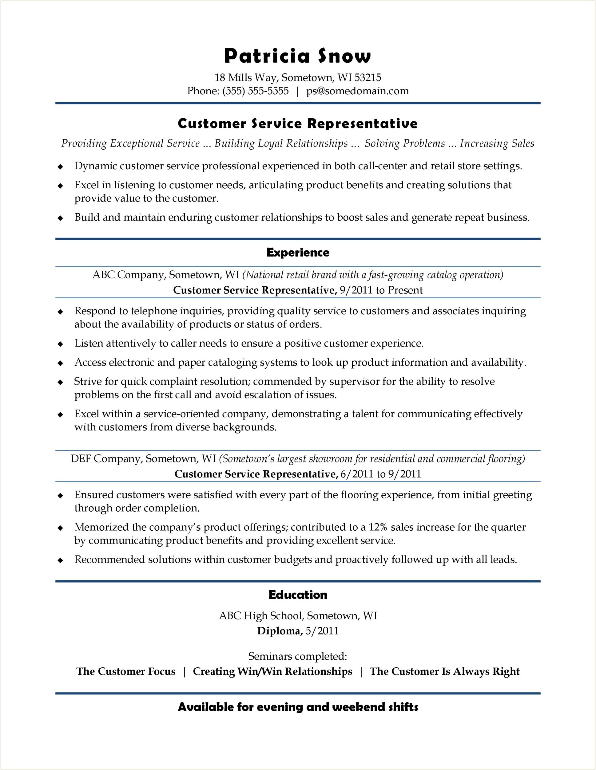 Examples Of Professional Customer Service Resumes