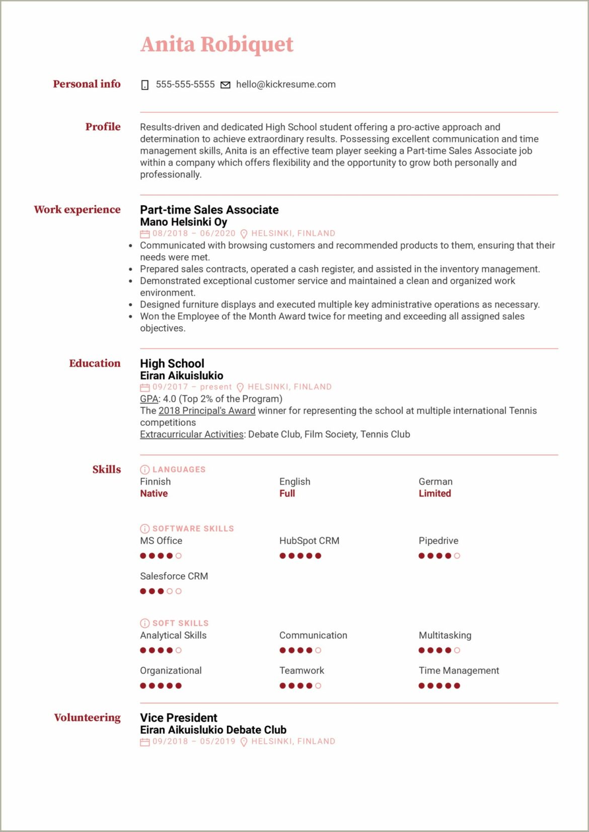 Examples Of Professional Resumes For High School Students