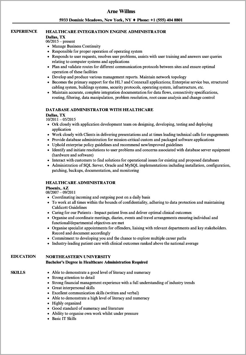 Examples Of Professional Resumes In Health Care Administration