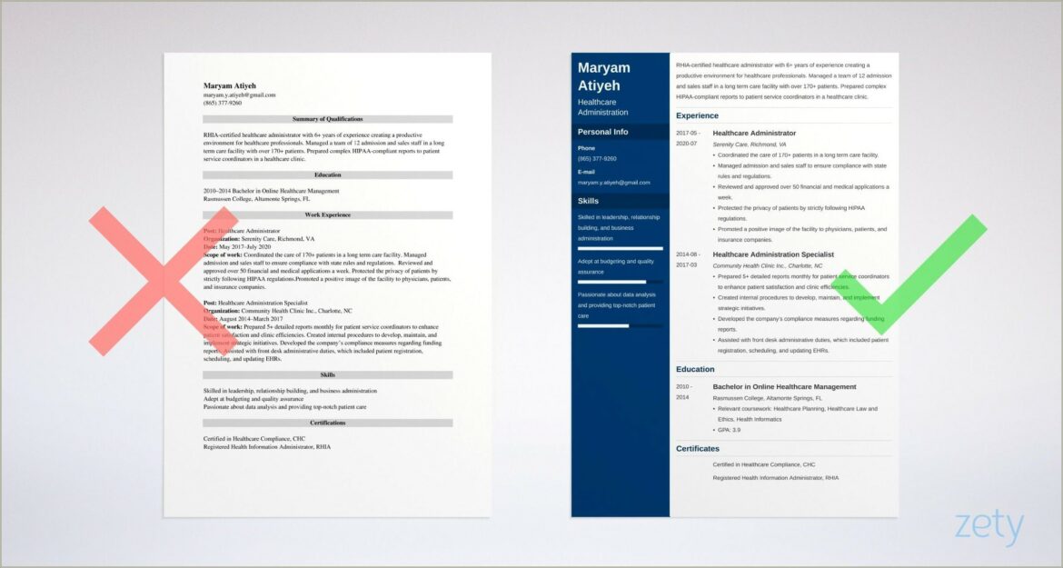 Examples Of Professional Resumes In Healthcare Administration