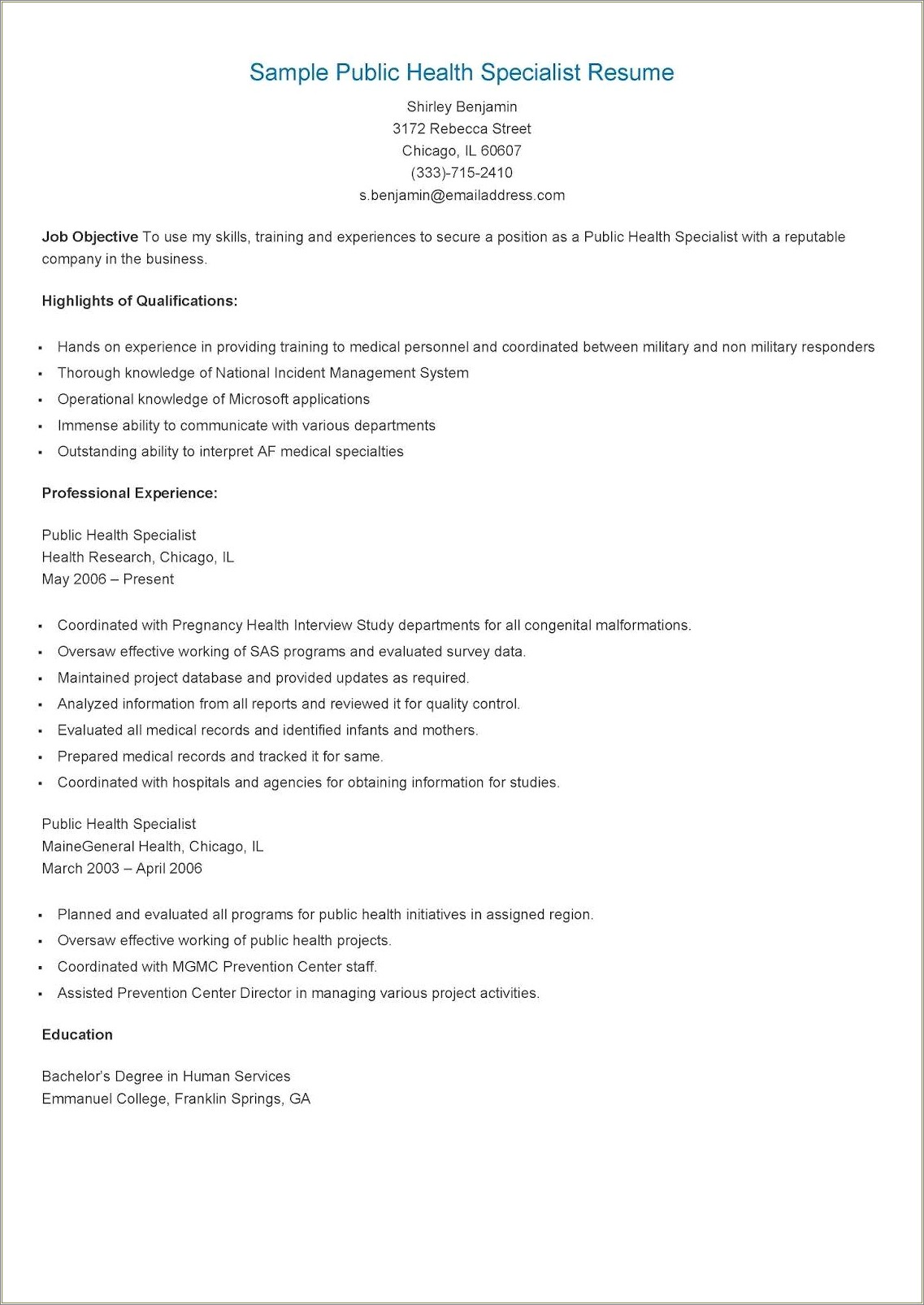 Examples Of Public Health Objectives On Resume