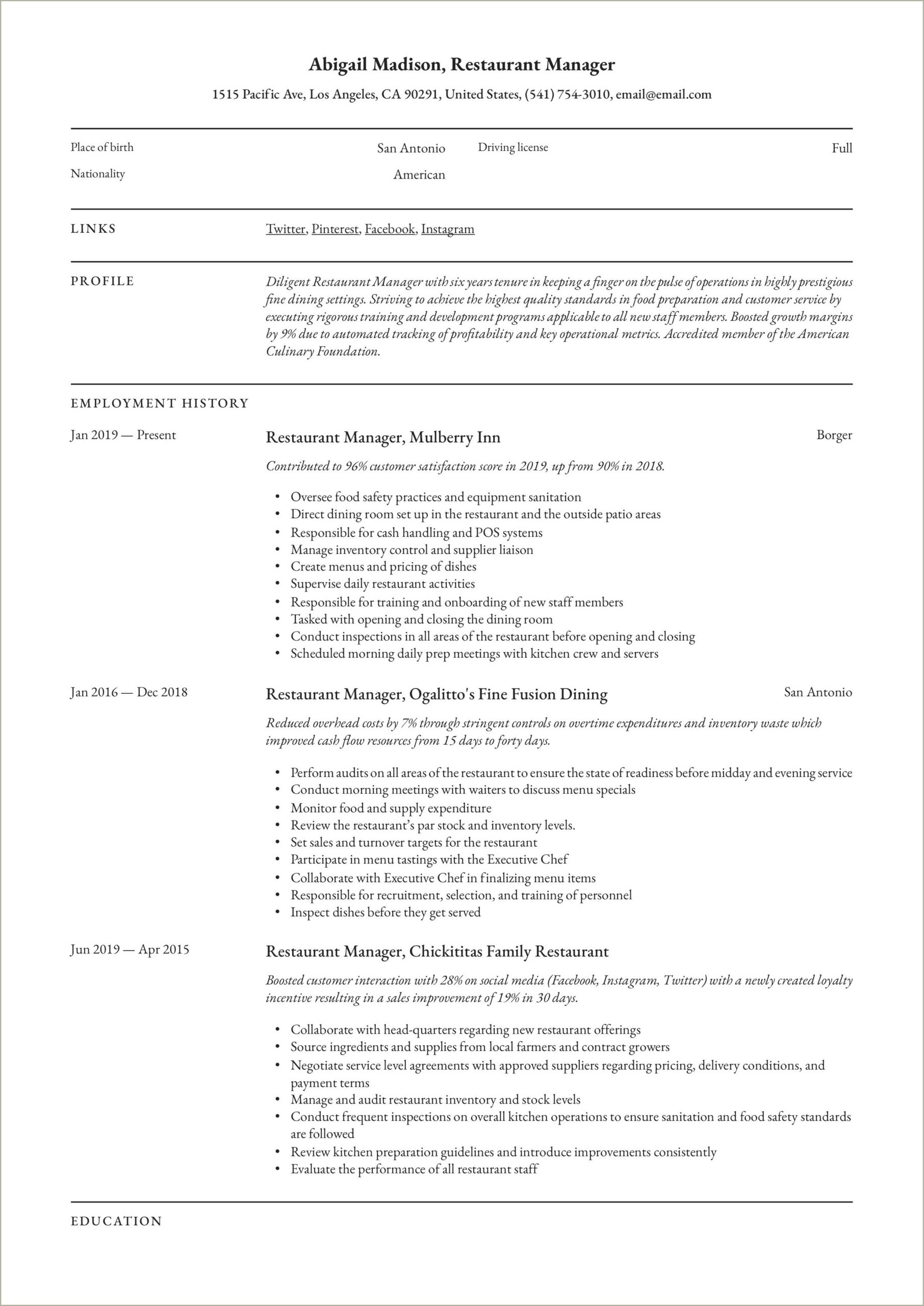 Examples Of Restaurant District Manager Resumes