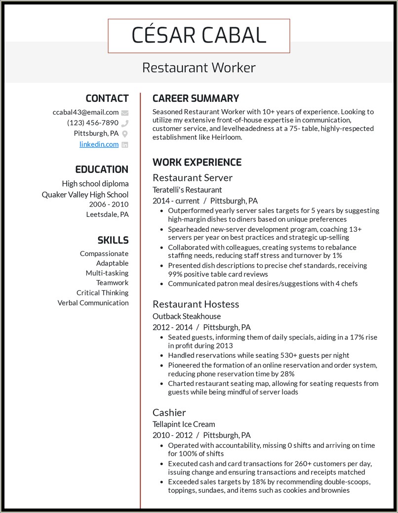 Examples Of Restaurant Experience On Resume
