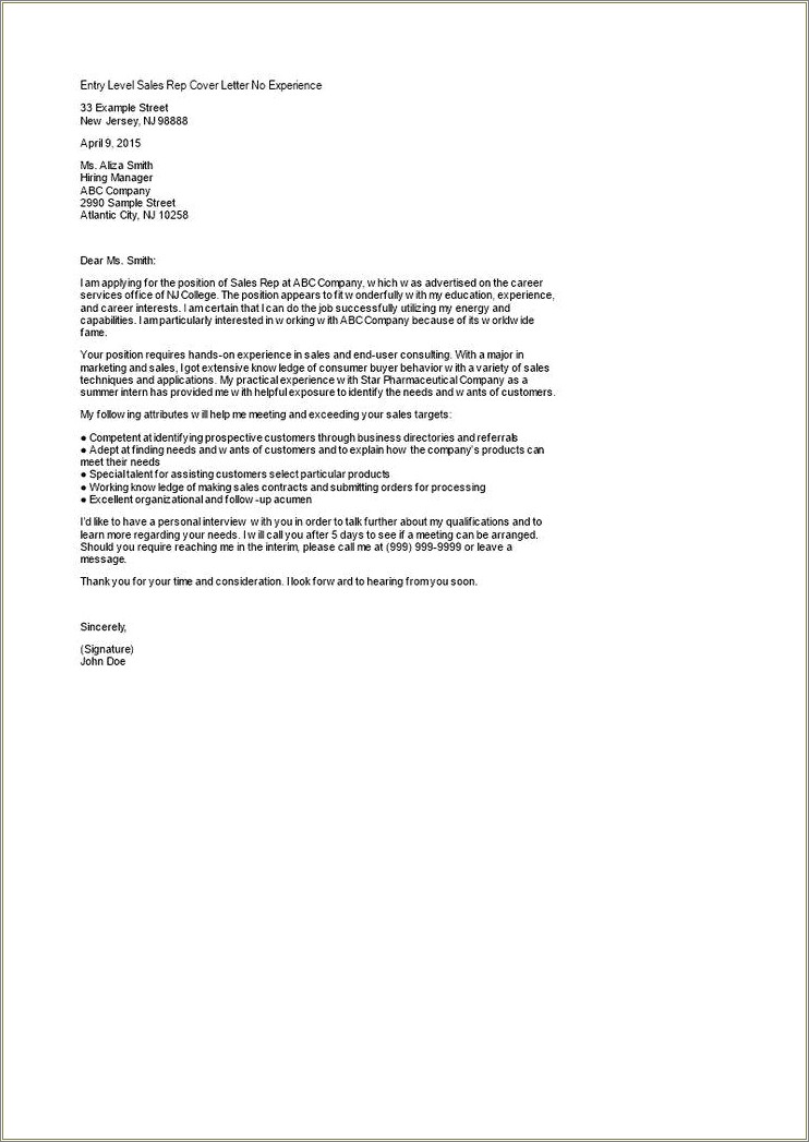 Examples Of Resume Cover Letters For Medical Sales