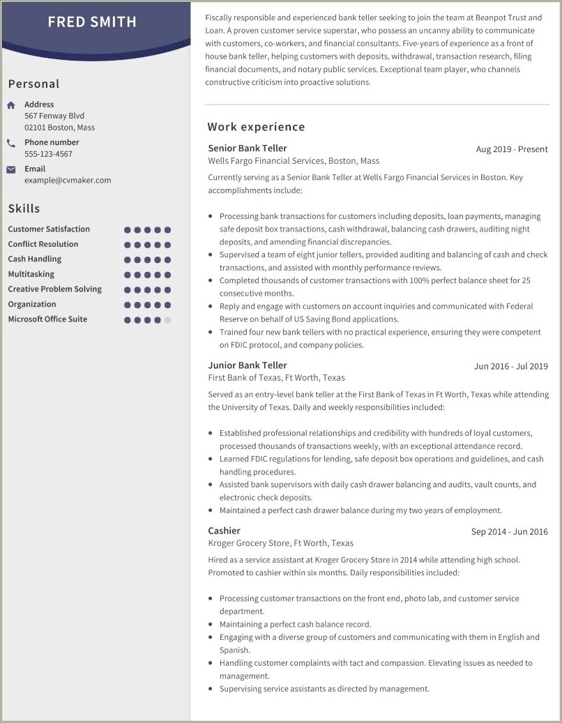 Examples Of Resume For Bank Teller