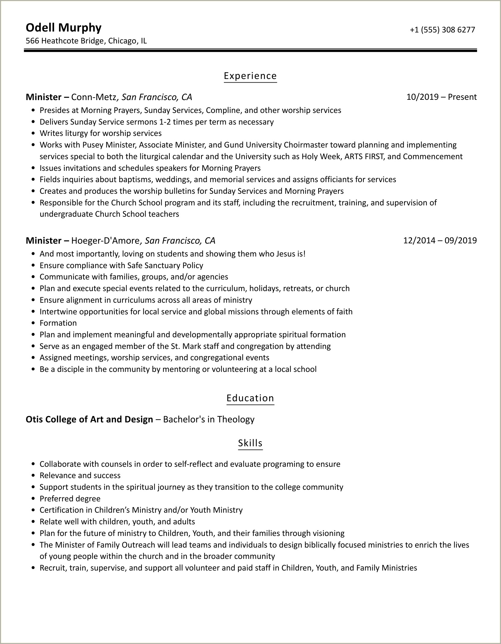 Examples Of Resume For Catholic Youth Minister