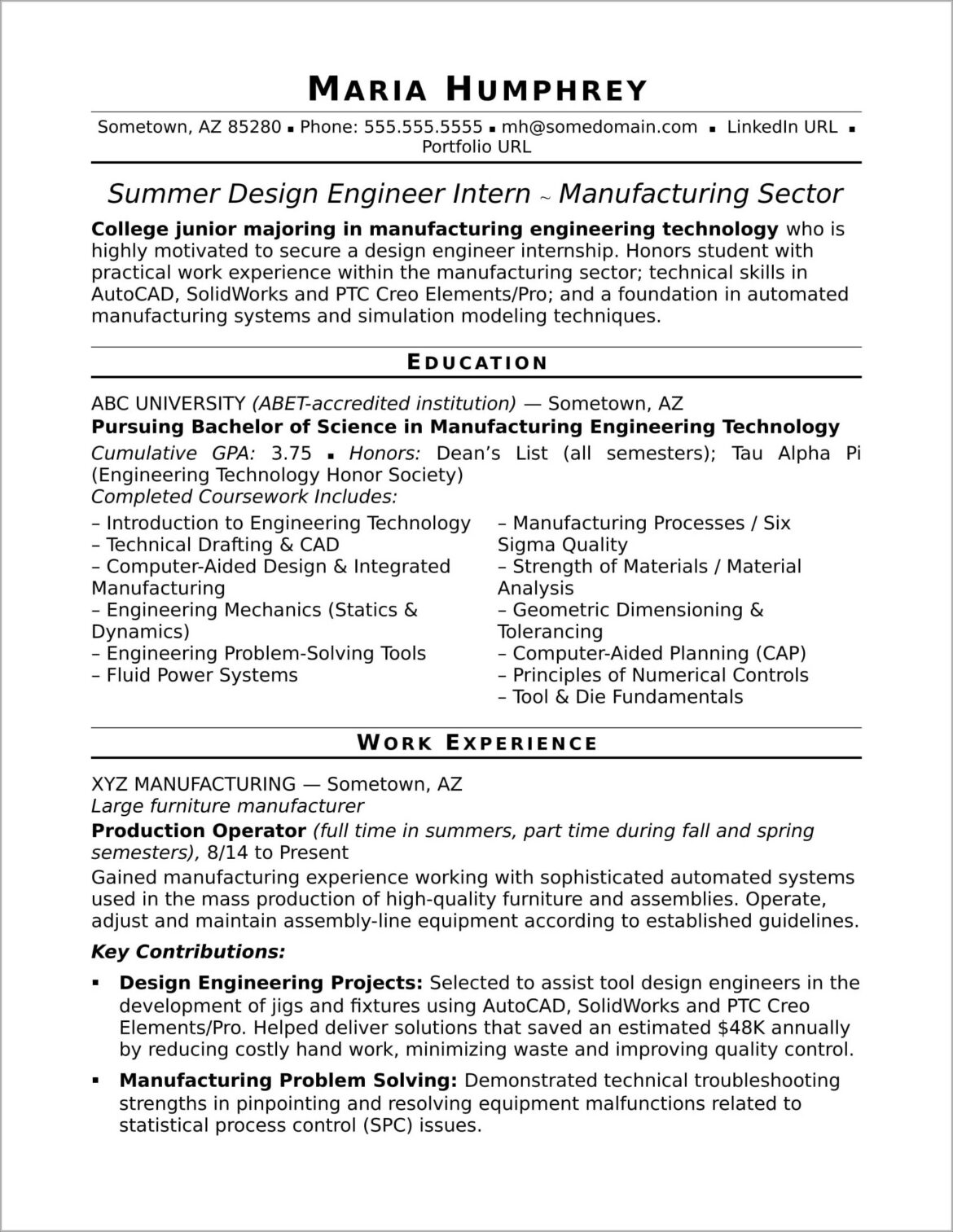 Examples Of Resume For Engineer Student