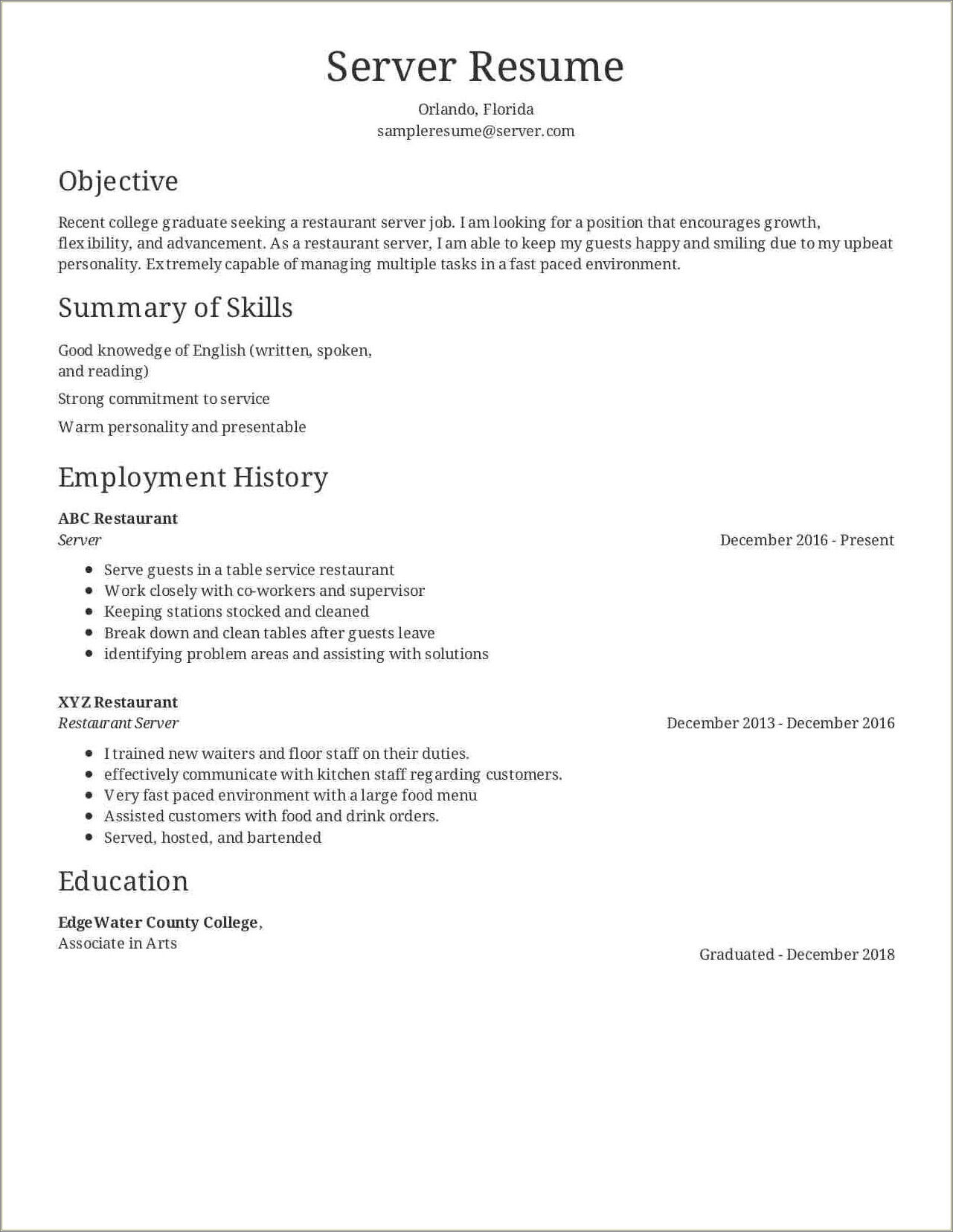 Examples Of Resume For Fast Food Restaurants