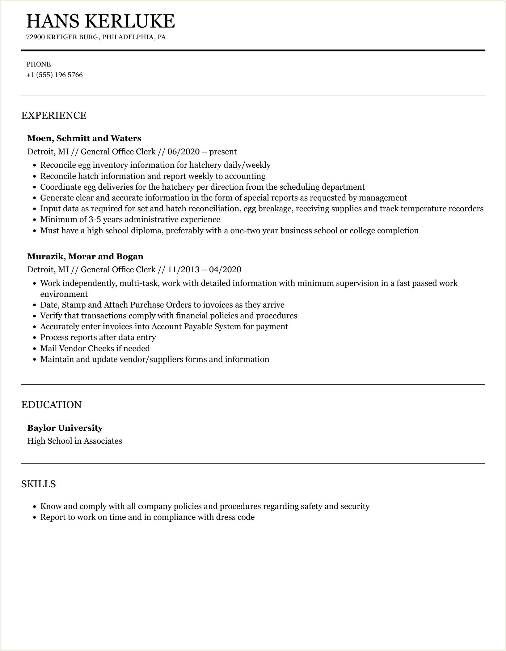 Examples Of Resume For General Office Work