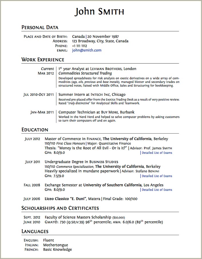 Examples Of Resume For Predoctoral Students