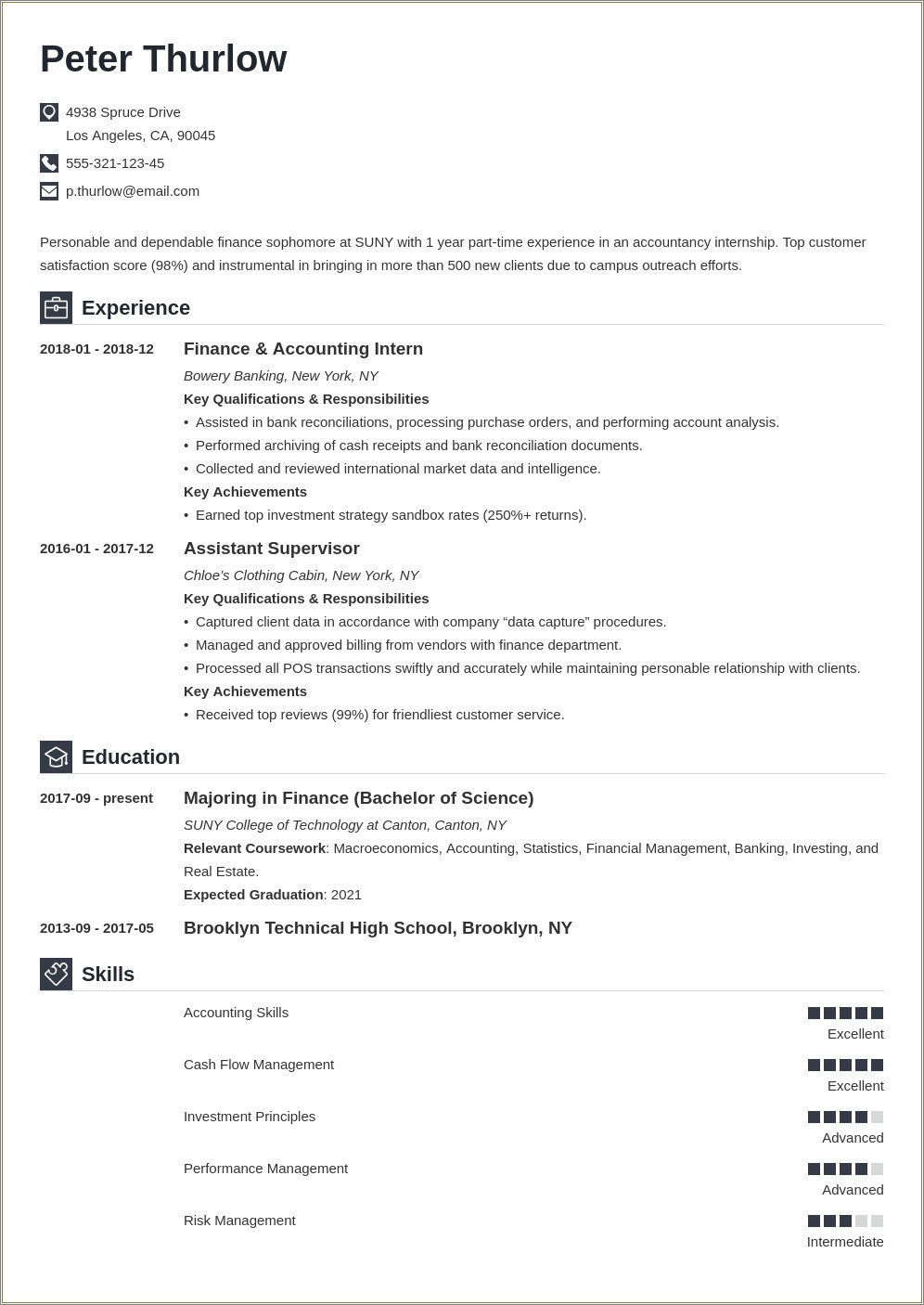 Examples Of Resume For Student Internship