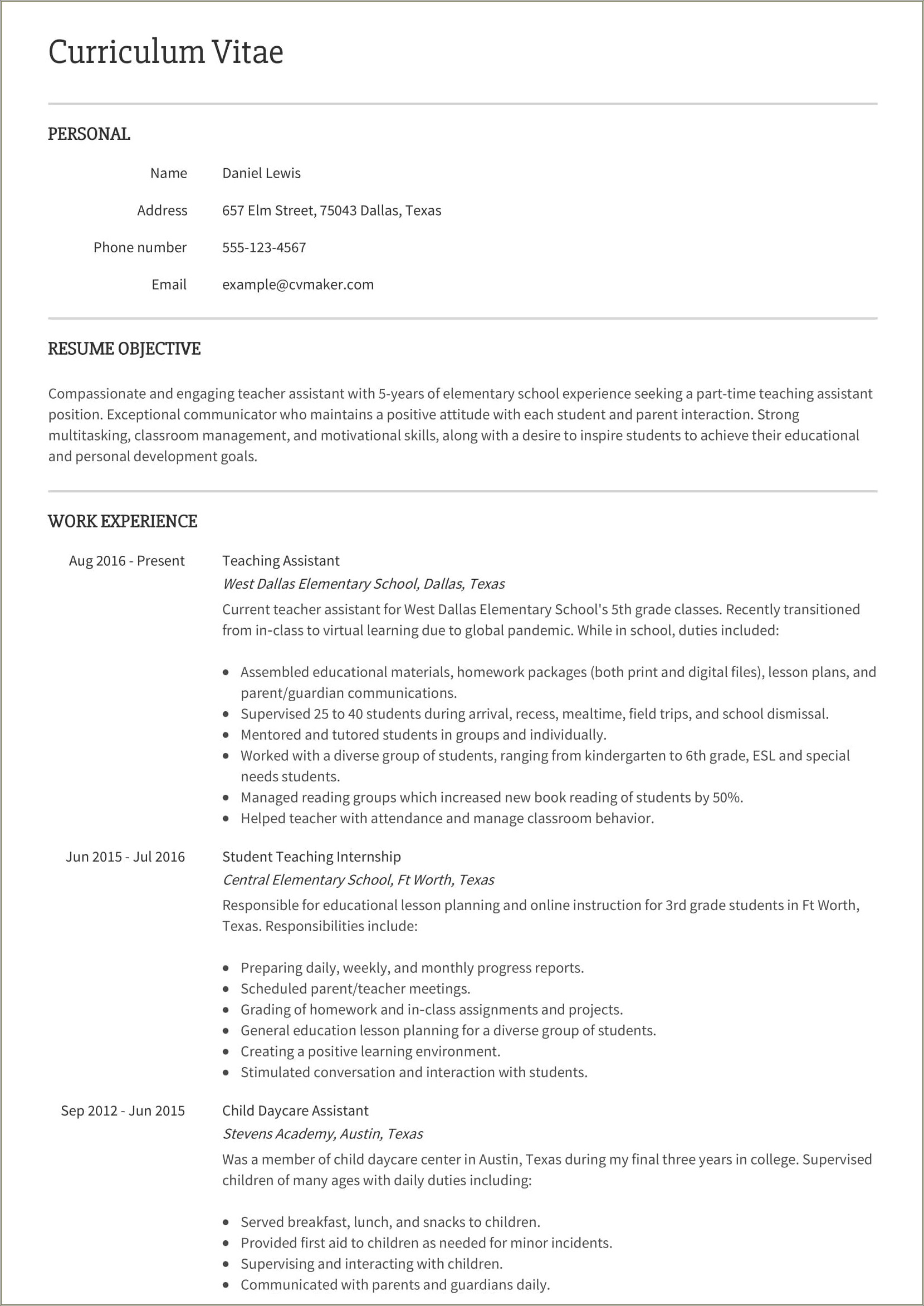 Examples Of Resume For Teaching Assistant