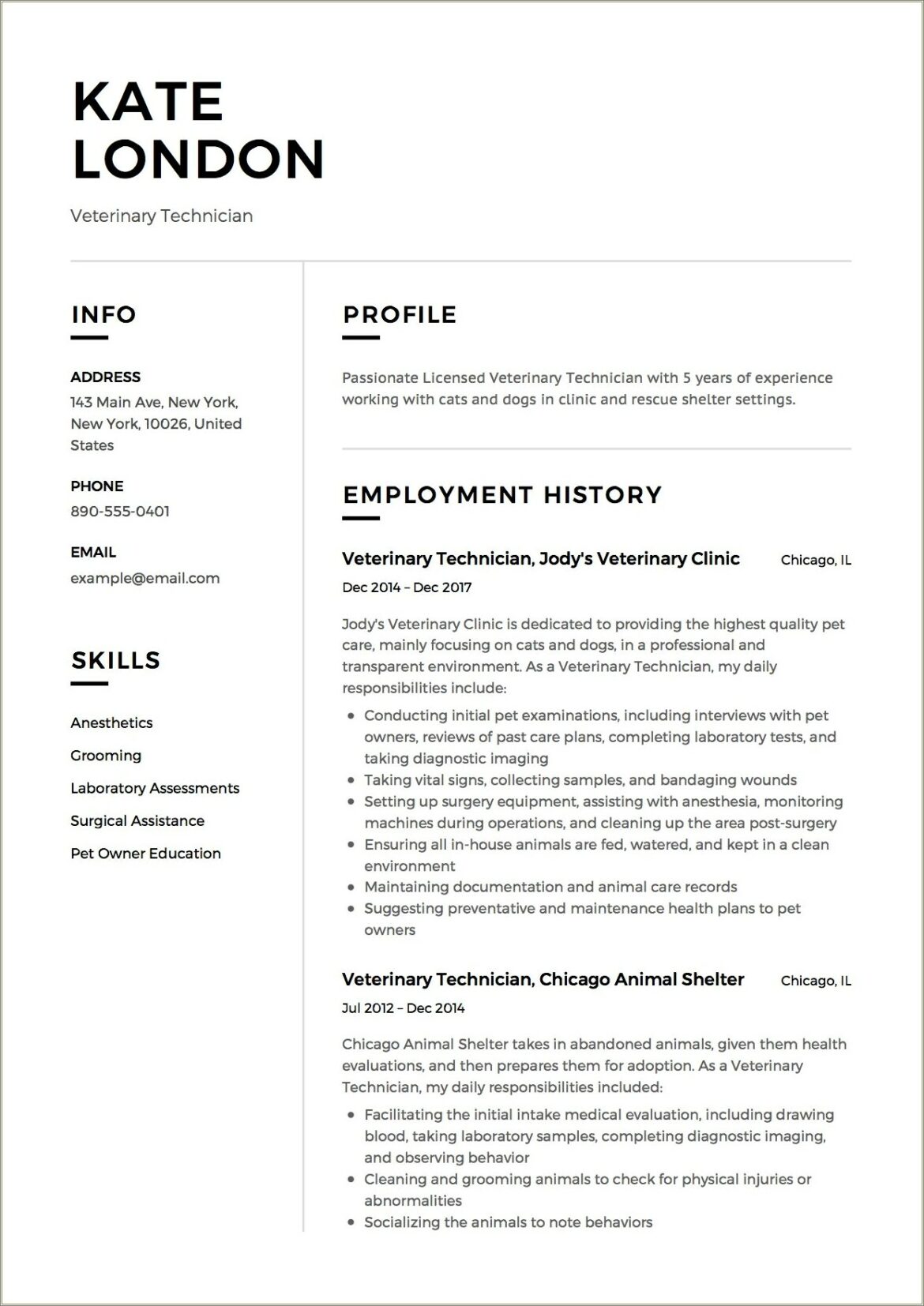 Examples Of Resume For Vet Tech