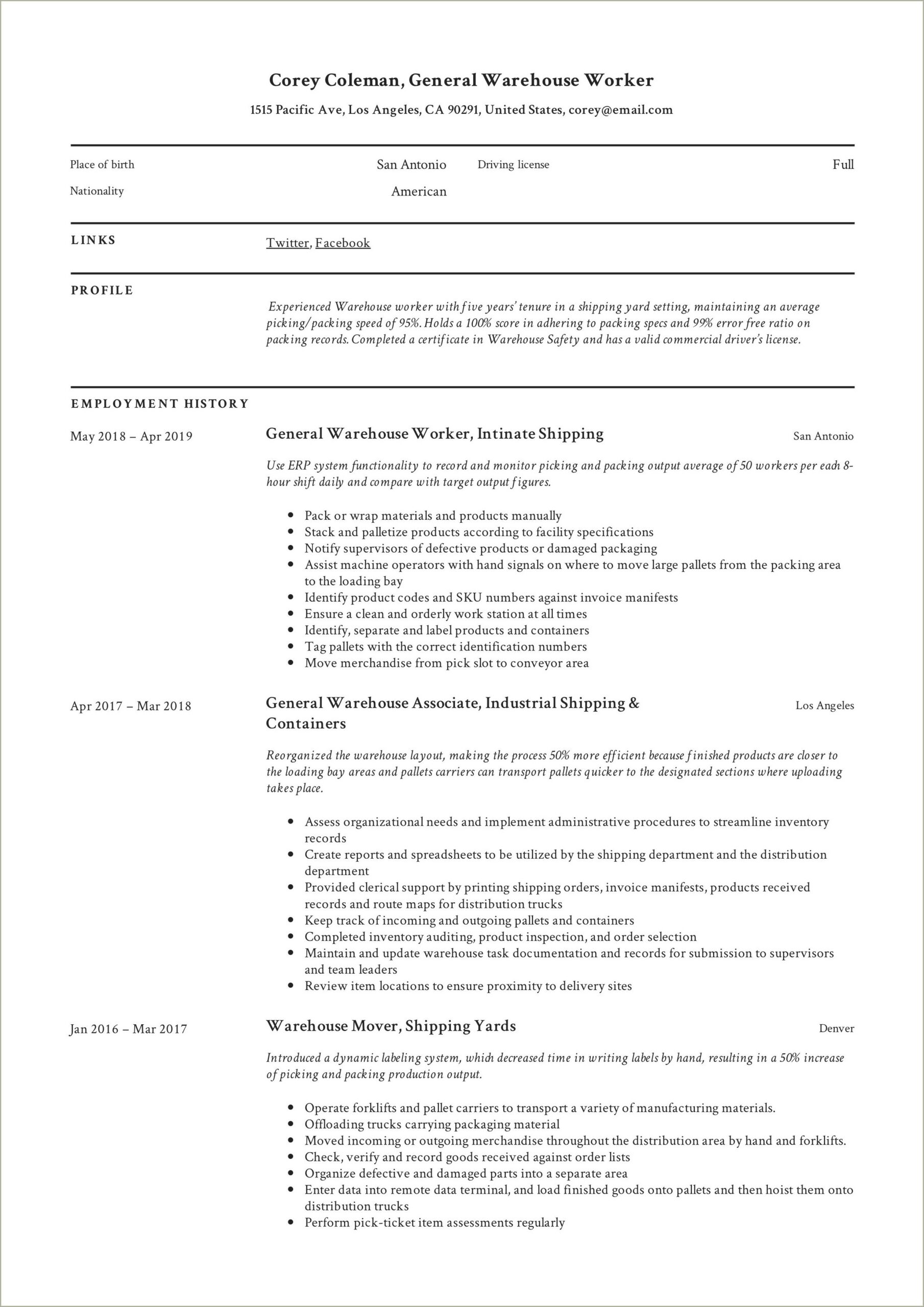 Examples Of Resume For Warehouse Worker