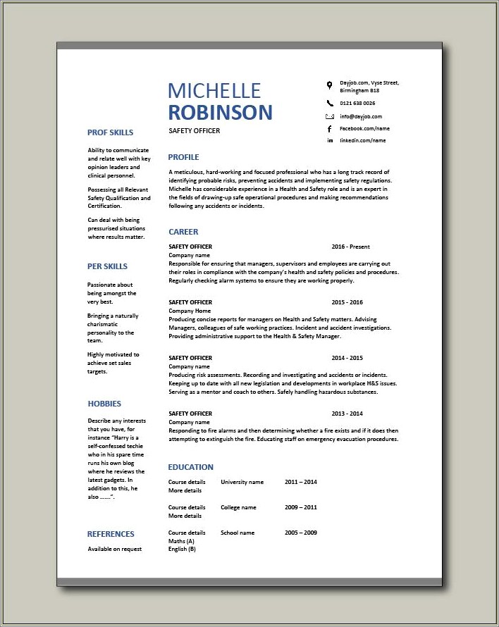 Examples Of Resume Headline For Safety Officer