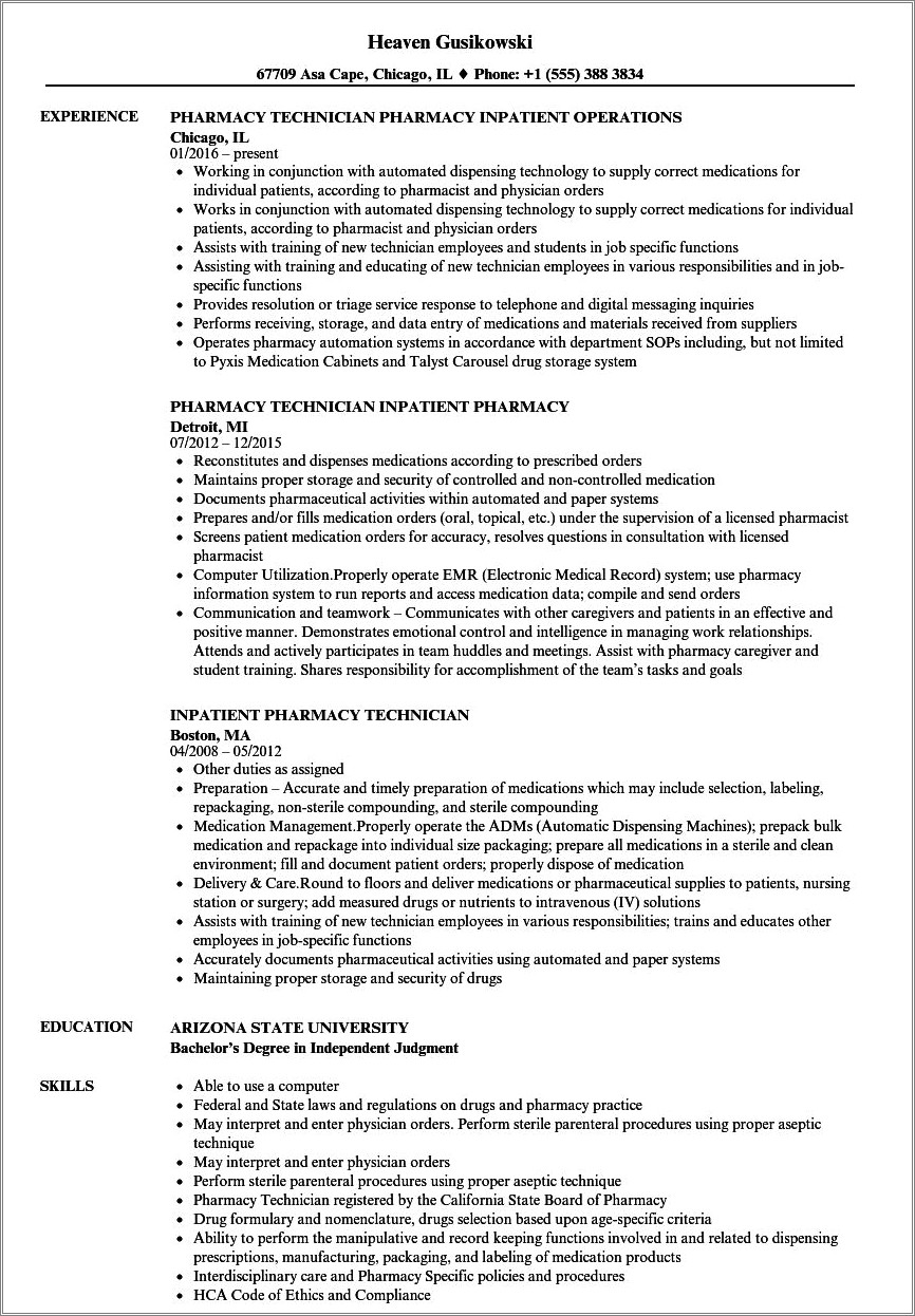 Examples Of Resume Objectives For Pharmacy Technician