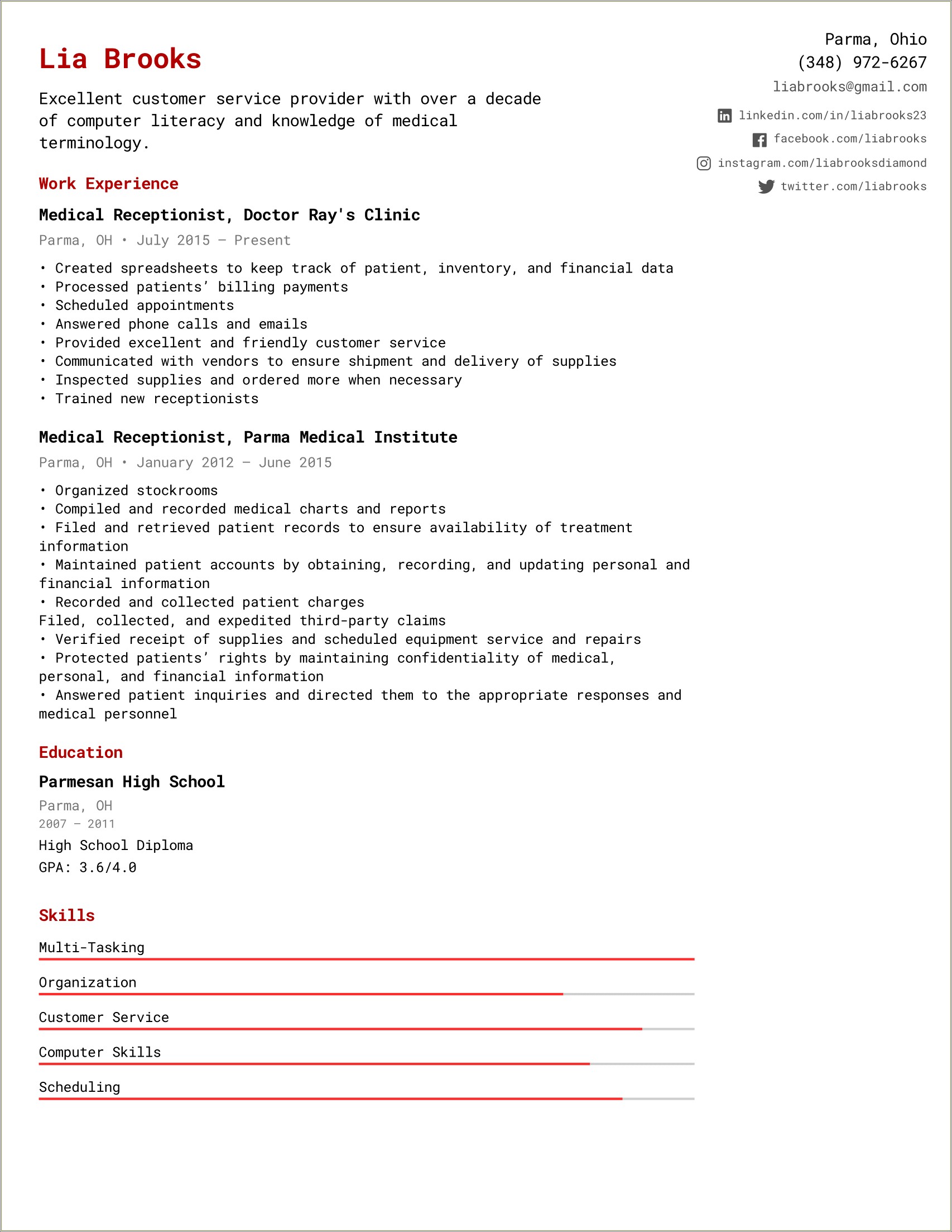 Examples Of Resume Profile For Gym Receptionist