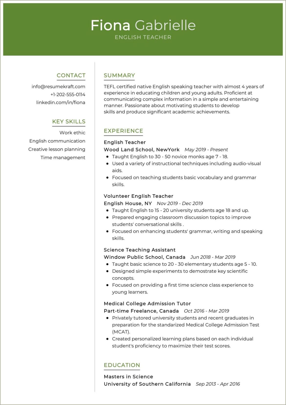 Examples Of Resume Summaries For English Teachers