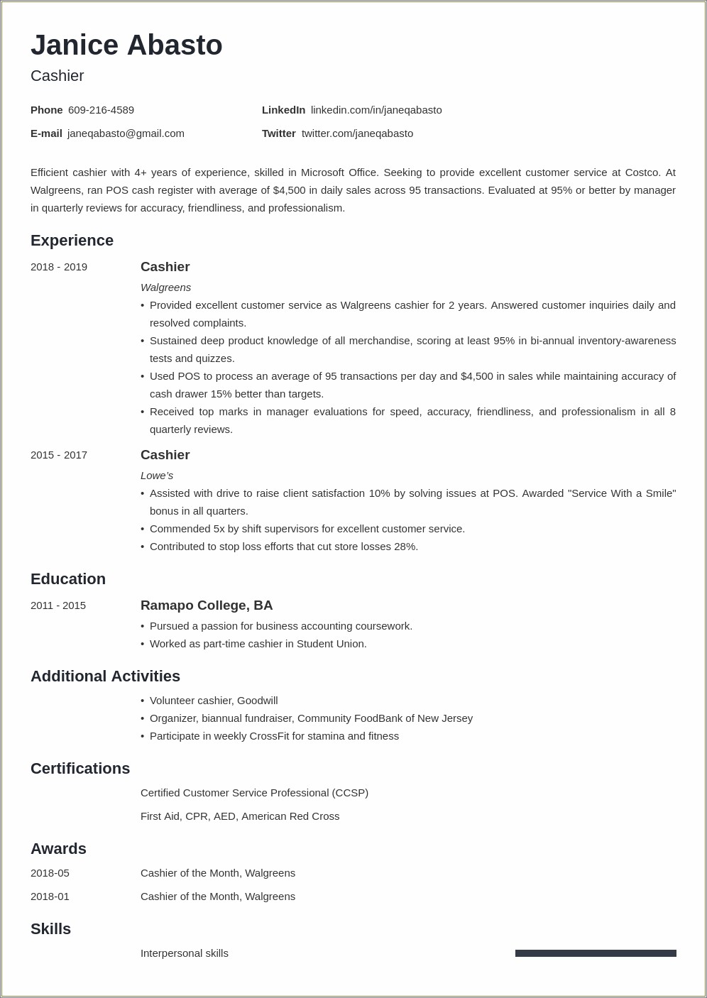 Examples Of Resume Summary For A Cashier Position