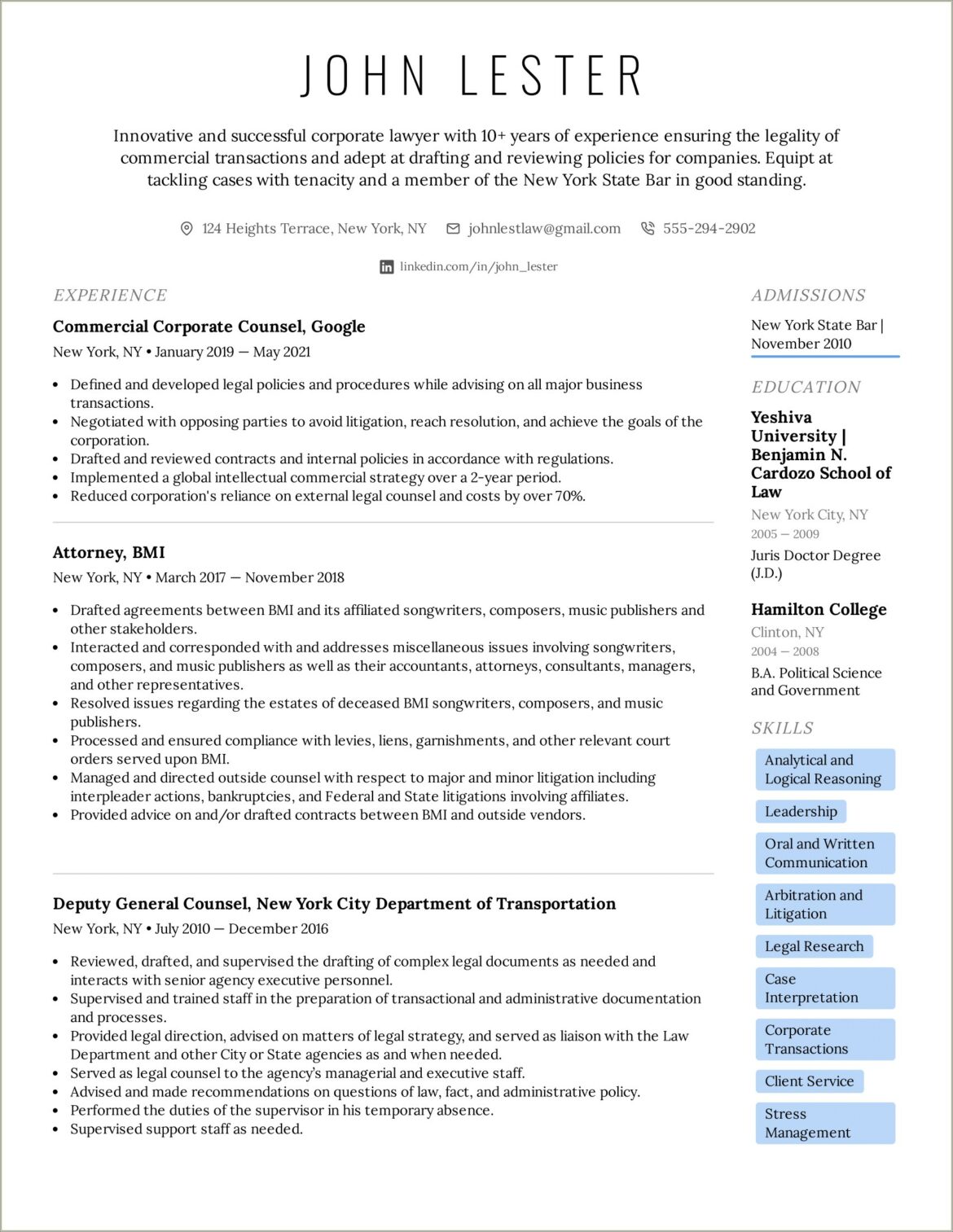 Examples Of Resume Summary For Lawyers