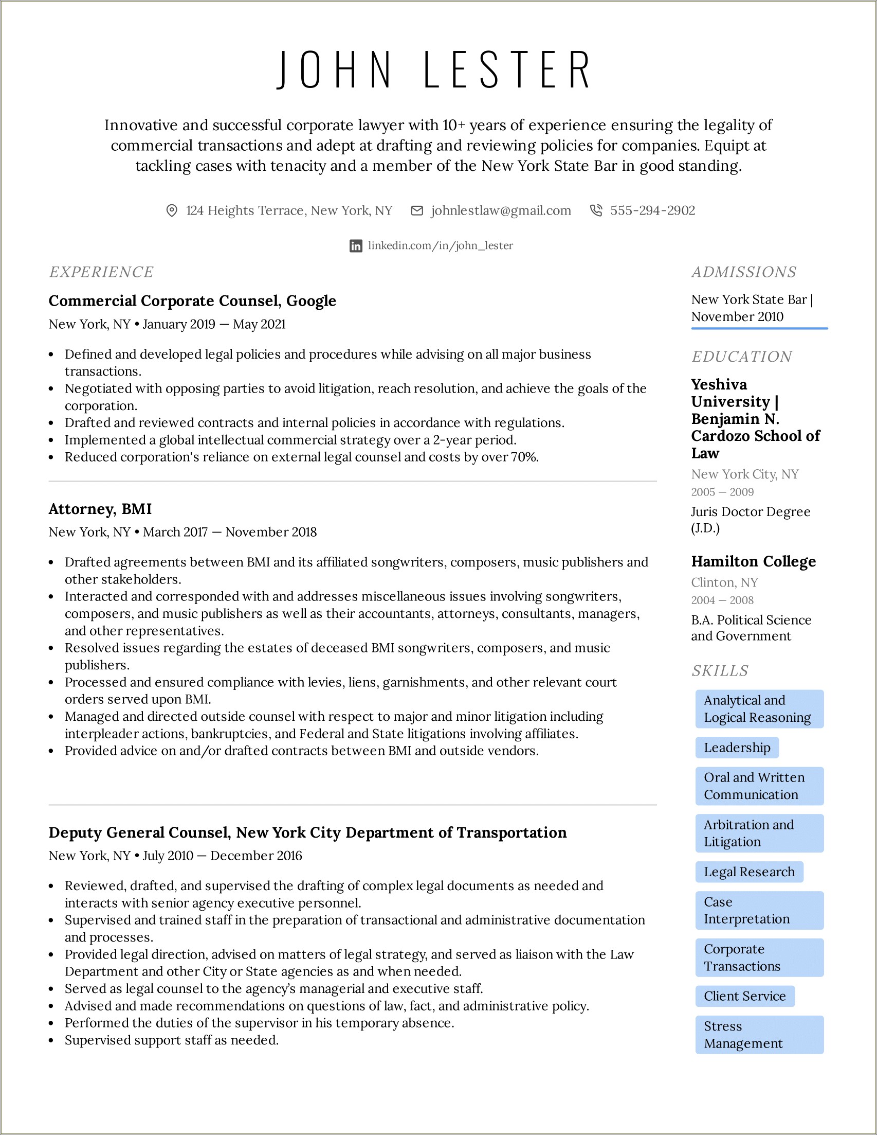 Examples Of Resume Summary For Lawyers