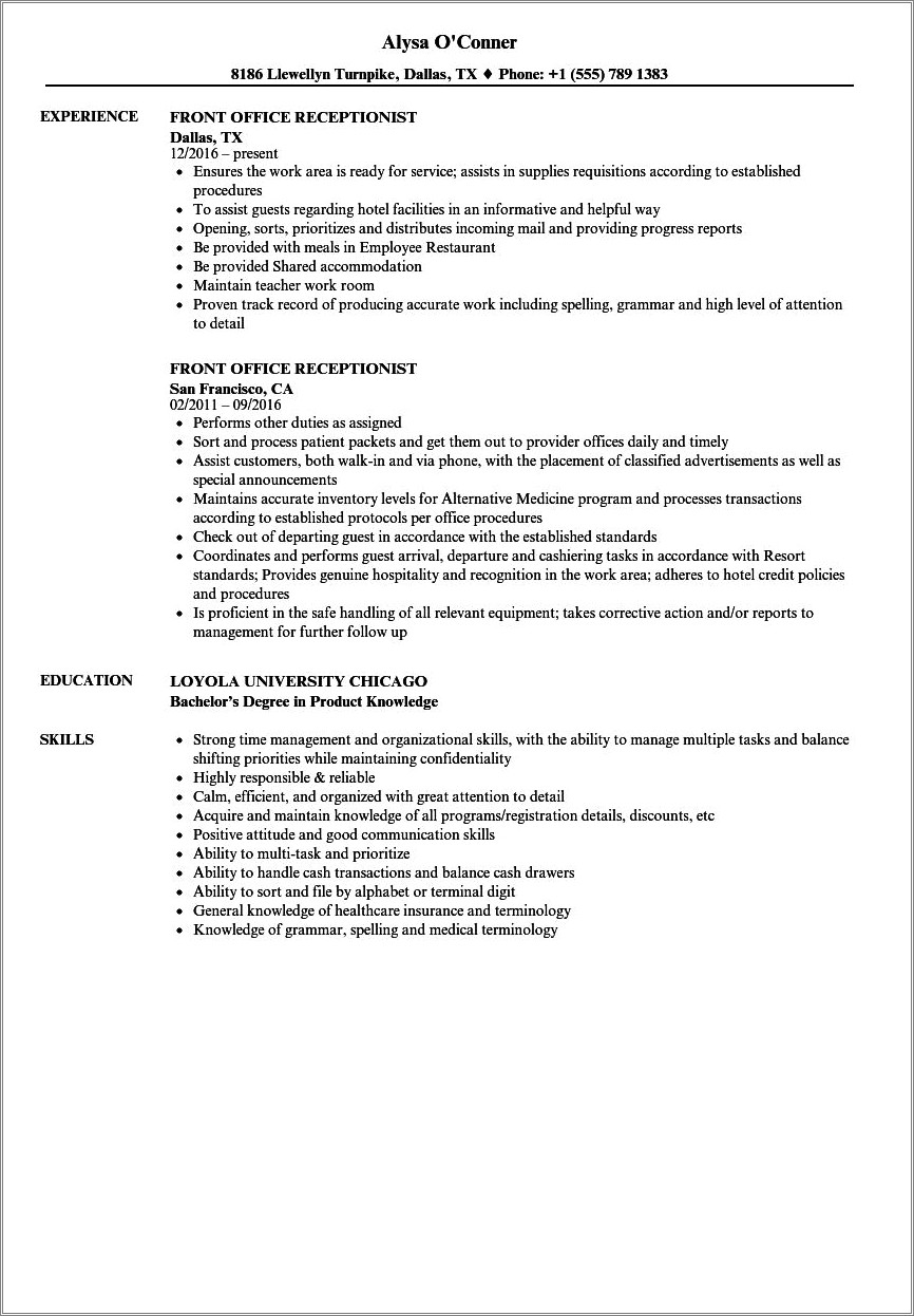 Examples Of Resume Summary For Receptionist
