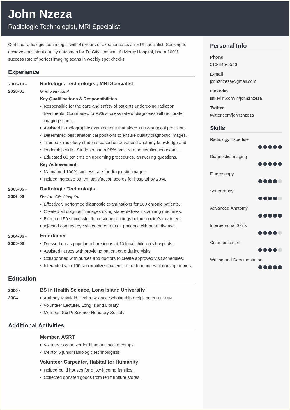 Examples Of Resumes For A Ct Technologist